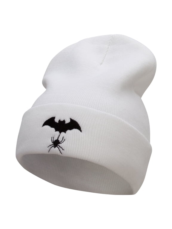 Spider Bat Embroidered 12 Inch Long Knitted Beanie - White OSFM