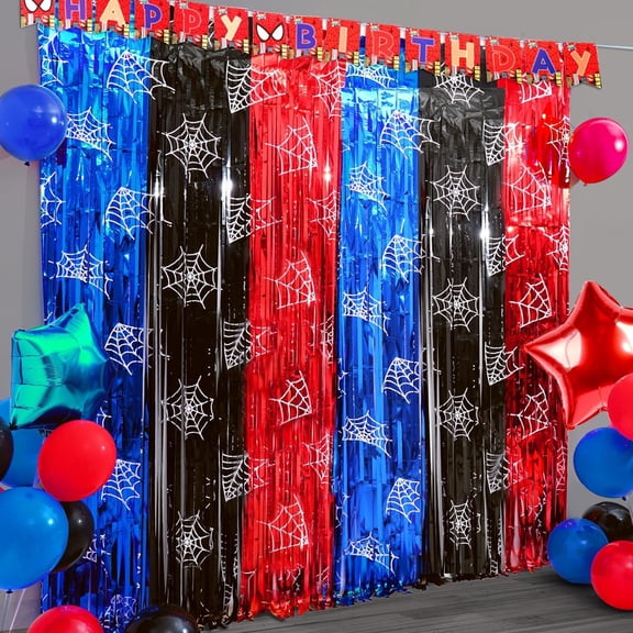 Spider Birthday Party Decoration, 2 Pack Spider Web Printing Red Black Blue 3.3 x 6.6ft Foil Fringe Curtains Tinsel Photo Booth Props Streamers Backdrop for Spider Party Supplies