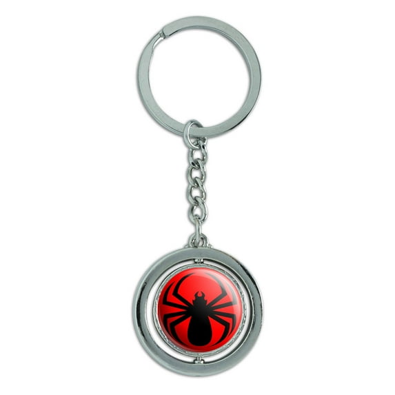 Spider Black on Red Spinning Circle Metal Keychain