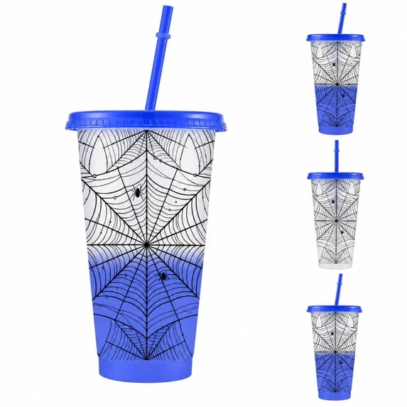 Spider Color Changing Cups, Cold Activated Color Changing Spider Web Tumbler, 24oz Reusable Plastic Cup with Lid & Straw, Halloween Spider Iced Drink Tumbler for Party Favors, Travel, Daily Use