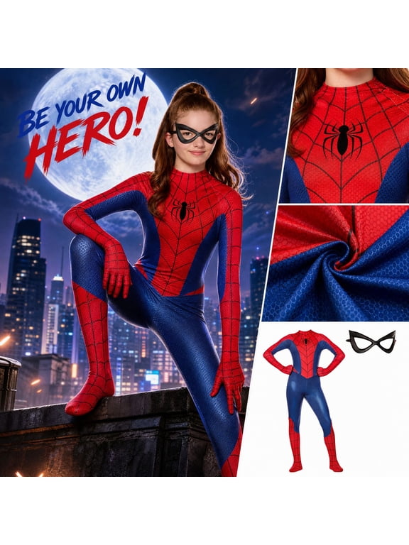 Spider Cos, Spider Web Hero Costume, Body Long Sleeve Jumpsuit with Spider Emblem, Web Pattern, Stretch Bodysuit and Eye Mask, Hero Cosplay Outfit for Halloween Parties, Dress Up and Themed Events