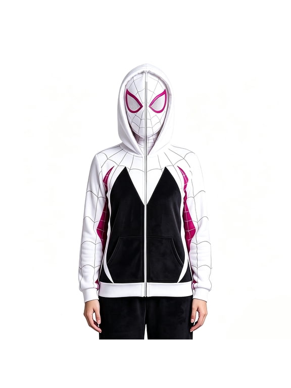 Spider Cosplay Hoodie Full Zip Mask Sweatshirt Web Print Streetwear Superhero Costume Jacket for Men