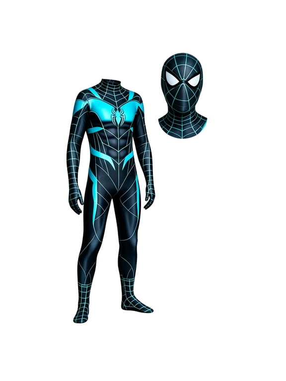 Spider Cosplay, Spider Emblem Hero Costume, Body Long Sleeve Jumpsuit with Oversized Spider Chest Graphic, Web Texture Details, Integrated Gloves and Face Mask, Stretch Cosplay Suit for Halloween
