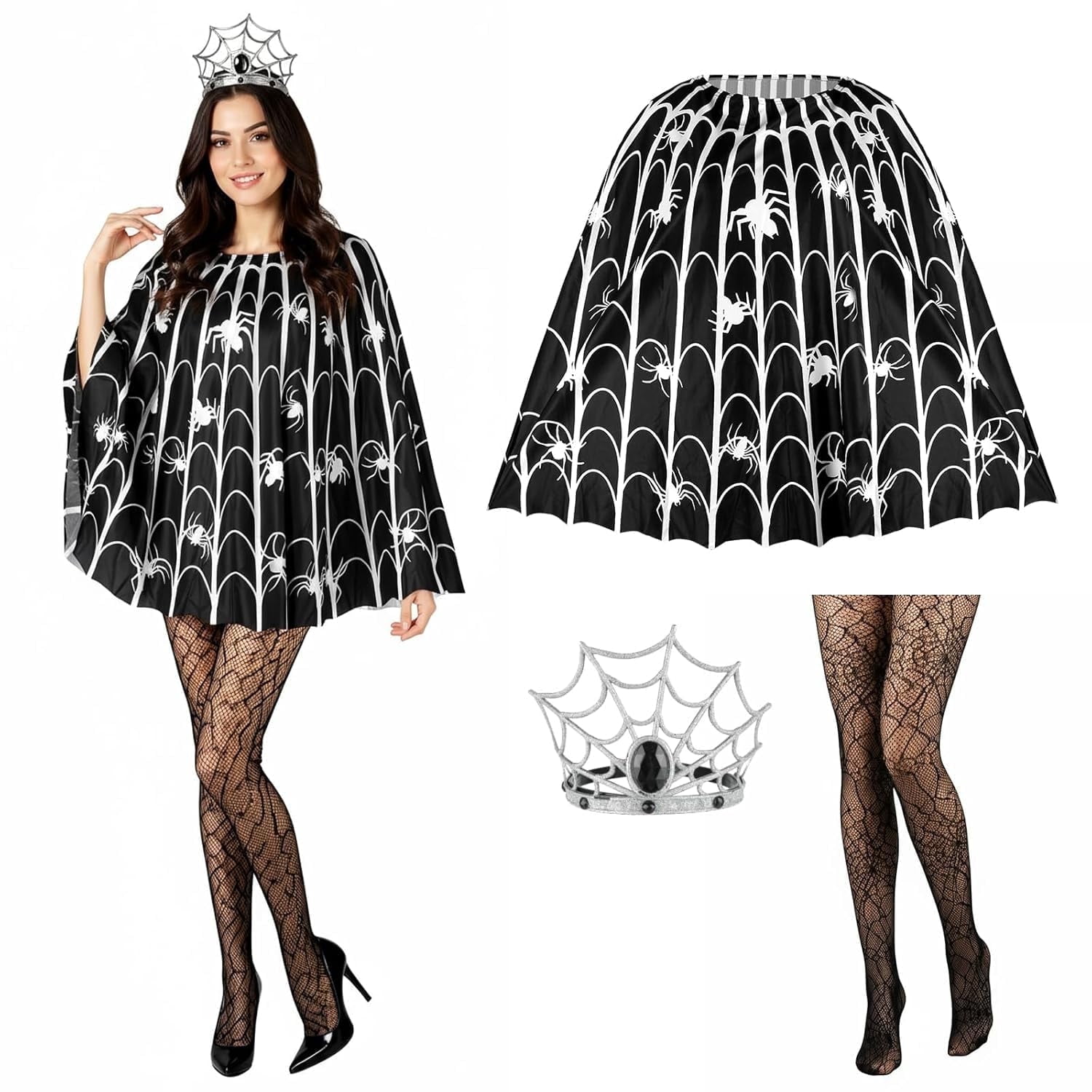 Costume Halloween Femme Araignée - 6 Pièces : Poncho, Bas, Serre-tête, Tatouages, Bijoux - Pour Fête, Carnaval, Cosplay