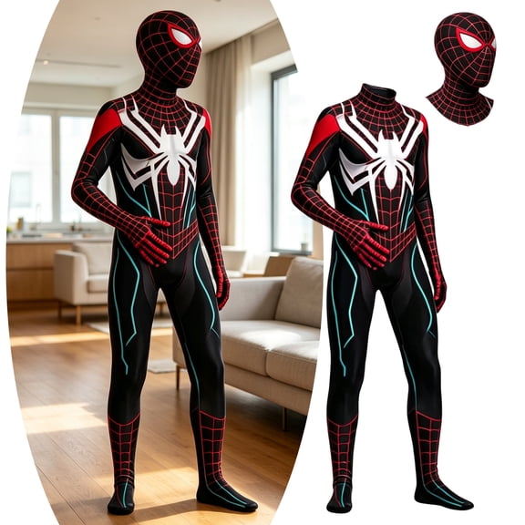 Spider Costume Men, Halloween Outfits, Modern Web Hero Cosplay Bodysuit Costume with Head Mask, High-stretch Knit Polyester Suit for Halloween Cosplay Party