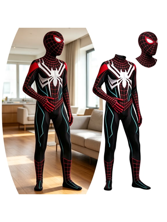 Spider Costume Men, Halloween Outfits, Modern Web Hero Cosplay Bodysuit Costume with Head Mask, High-stretch Knit Polyester Suit for Halloween Cosplay Party