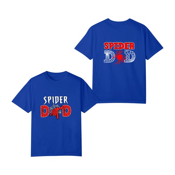 Spider Dad Family Matching T-Shirts, Funny Graphic Tee, Casual Short Sleeve Tops for Vacation Birthday, Double-Sided Print, Blue L