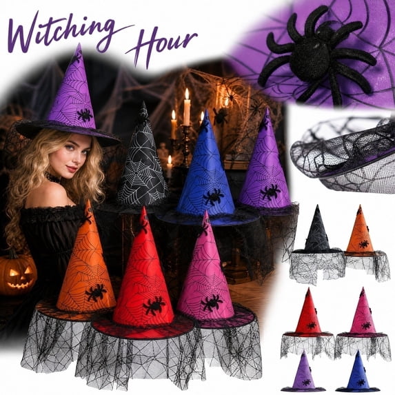 Spider Decor Witch Hat With Lace Brim Halloween Cosplay Dress Up Party Accessory Red One Size