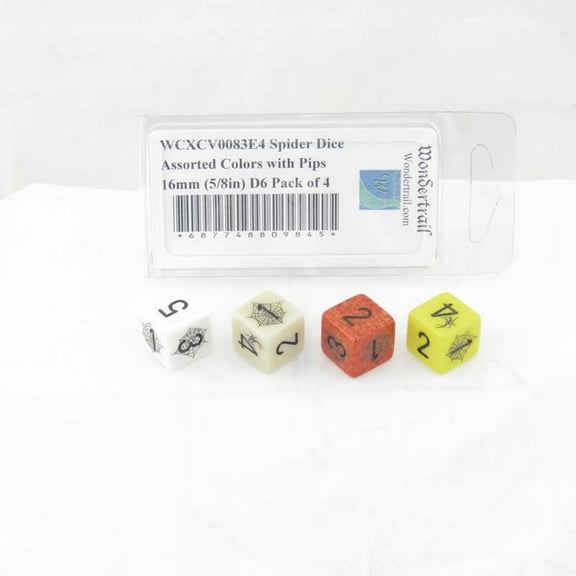 Spider Dice Assorted Colors with Pips 16mm (5/8in) D6 Pack of 4 Wondertrail
