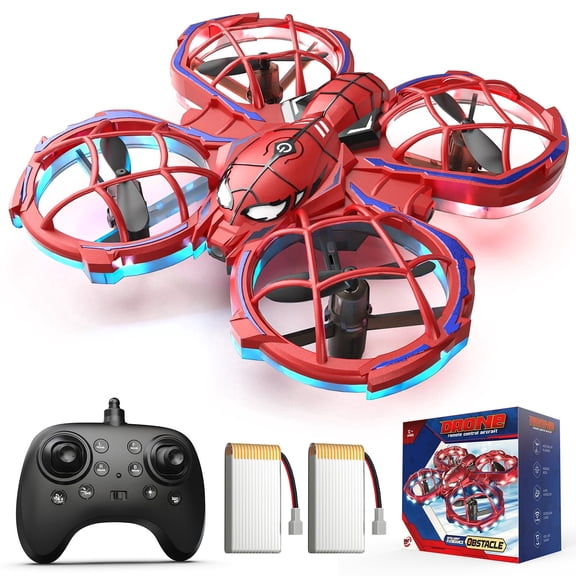 Spider Drones for Kids, Wefone Mini Drone with Cool Lights, One-Key Takeoff / Landing, 360Flip, Obstacle Avoidance, Headless Mode, 2 Batteries, Red