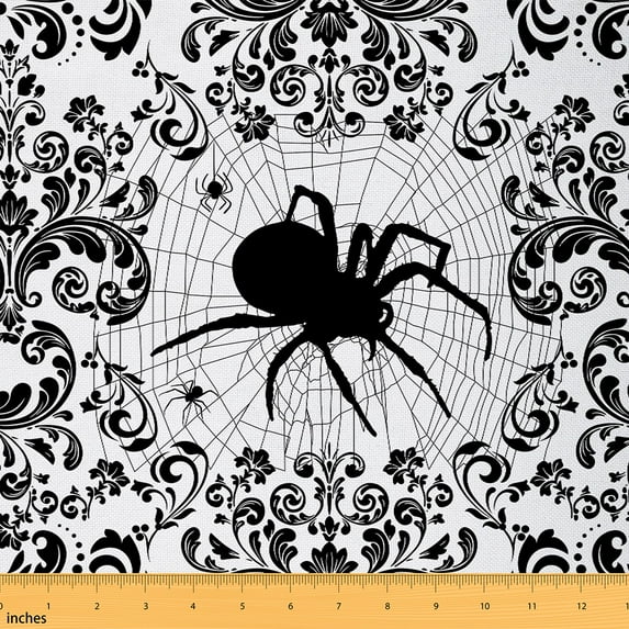 Spider Fabric By The Yard,Halloween Theme Spider Web Craft Patchwork Upholstery Fabric,Bohemian Damask Vintage Gothic Decorative Fabric,Boho Indoor Outdoor Fabric,Black Blue,5 Yards