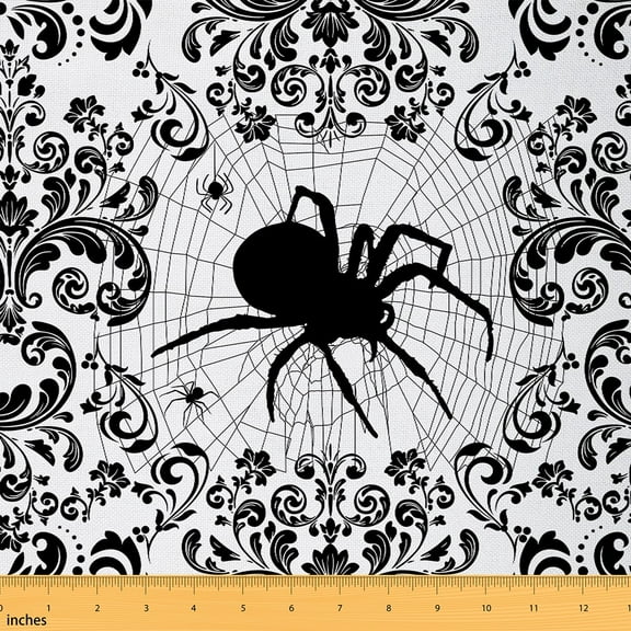 Spider Fabric By The Yard,Halloween Theme Spider Web Craft Patchwork Upholstery Fabric,Bohemian Damask Vintage Gothic Decorative Fabric,Boho Indoor Outdoor Fabric,Black Blue,3 Yards
