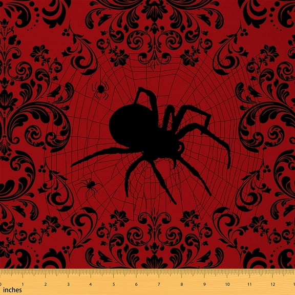 Spider Fabric By The Yard,Spider Web Damask Upholstery Fabric,Halloween Theme Boho Vintage Gothic DIY Decorative Fabric,Animals Bohemian Indoor Outdoor Fabric,Black Red,2 Yards