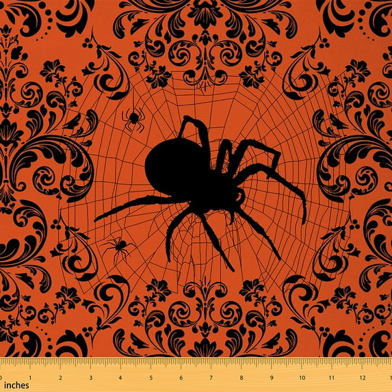 Spider Fabric By The Yard,Spider Web Halloween Theme Upholstery Fabric,Retro Victorian Damask Horror Waterproof Decorative Fabric,Baroque Indoor Outdoor Fabric,Black Green,1 Yard