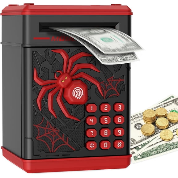 Spider Fingerprint Piggy Bank, ATM Piggy Bank for Kids Boys Girls, Kids Money Saving Box Money Safe (Black)
