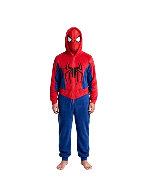 Spider Flannel Onesie Pajamas Hooded Full Zip Plush Jumpsuit Superhero Sleepwear Romper with Mask Halloween Cosplay Costume Homewear Loungewear