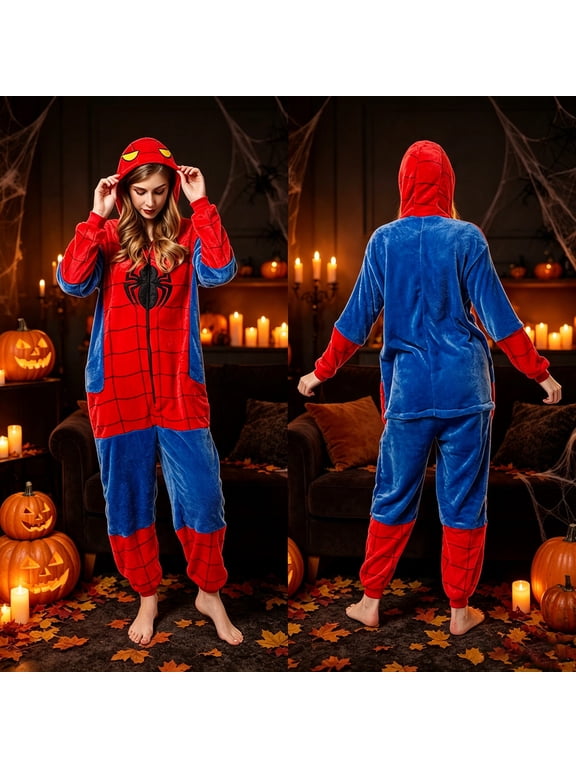 Spider Fleece Onesie Pajamas Hooded Plush Jumpsuit Superhero Sleepwear Romper with Pockets Halloween Cosplay Costume Homewear Loungewear Outfit