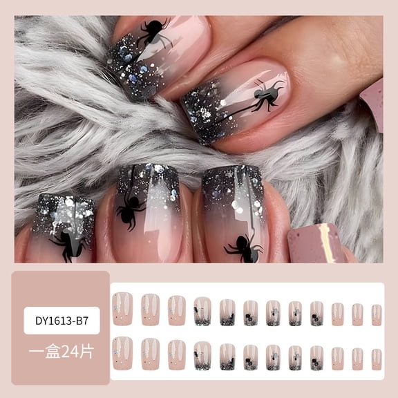Spider French fine flash gradual change wearing armor, cross-border dark sweet cool wind manicure 24 pieces white fake nails mixed batch
