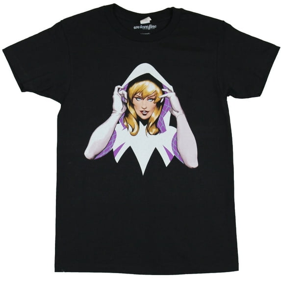 Spider-Gwen (Marvel Comics) Mens T-Shirt - Hood Flipping Head and Shoulders Image (Medium)