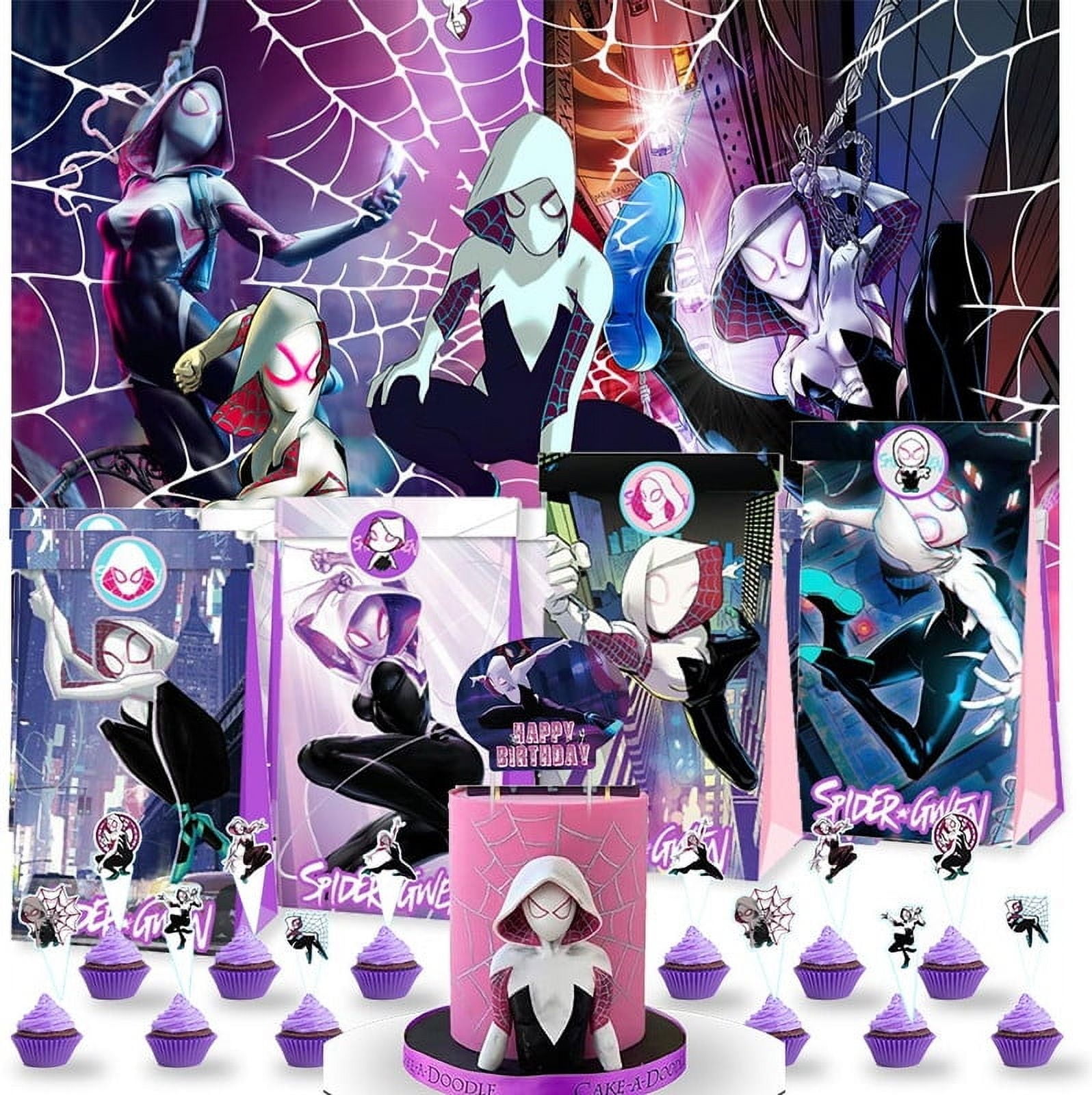 Spider Gwen Party Favor Bags Goodie Treat Candy Supplies Decorations Birthday Cake Topper Backdrop Banner