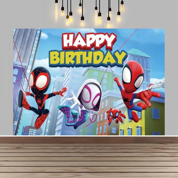 Spider Happy Birthday Anime Cartoon Theme Backdrops Banner Birthday Party Decor Supplies(5x3ft)