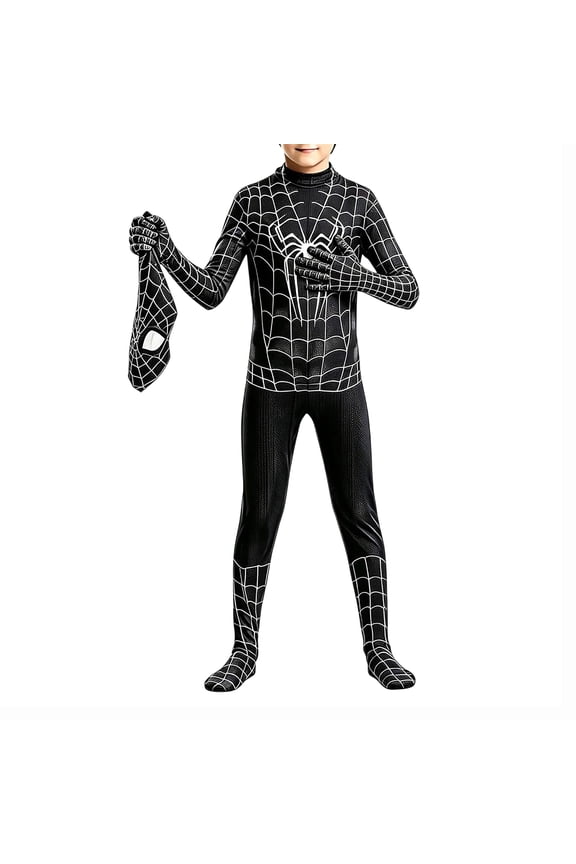 Boys Spider Hero Cosplay Costume Red Blue Suit with 3D Mask, Full Body Battle Jumpsuit for Halloween Party Outfit, Black, 140