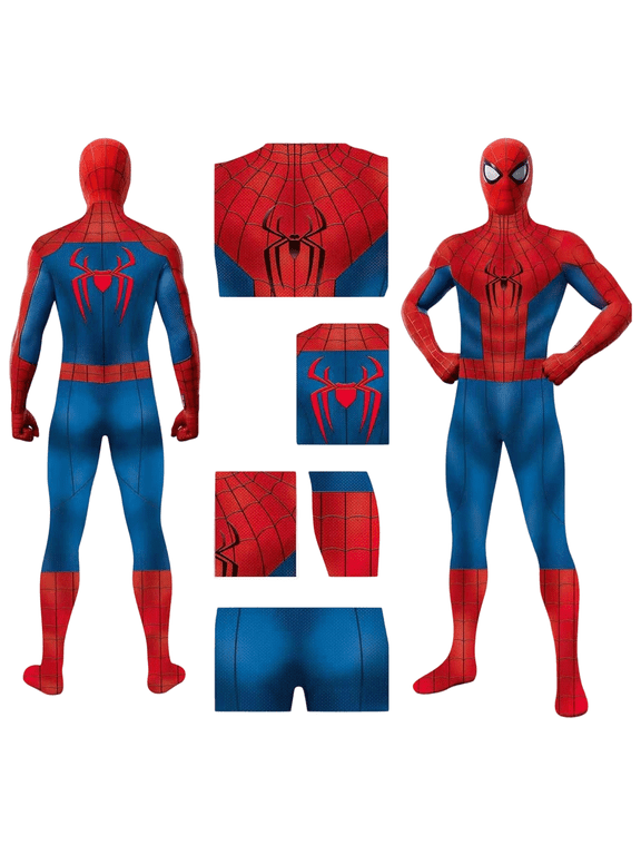 Spider Hero Cosplay Jumpsuit Costume, Adult Red Blue Full Body Stretch Zentai Bodysuit with Mask, Halloween Comic Party Gifts for Men