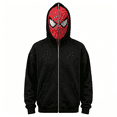 thumbnail image 1 of Spider Hero Full Face Masked Zip Hoodie, Black Body Web Print Full Zip Pocket Sweatshirt Apparel for Boys Girls Halloween Cosplay, 1 of 2