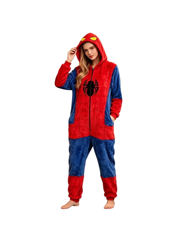 Spider Hero Full Zip Hooded Onesie Pajamas, Red Blue Soft Plush Pocket Sleepwear for Adults Halloween Slumber Party