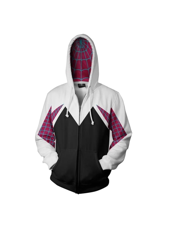 Spider Hero Full Zip Up Hoodie, White Black Colorblock 3D Printed Armor Sweatshirt Jacket for Men Women Halloween Cosplay