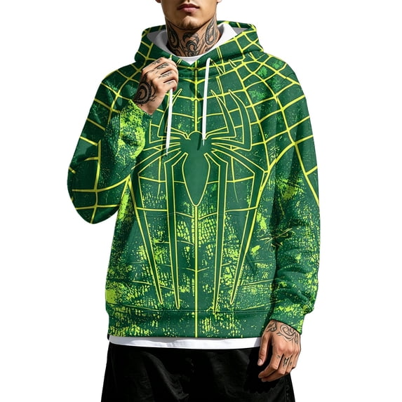 Spider Hero Pullover Hoodie, Distressed Graphic Printed Drawstring Kangaroo Pocket Sweatshirt for Men Halloween Cosplay