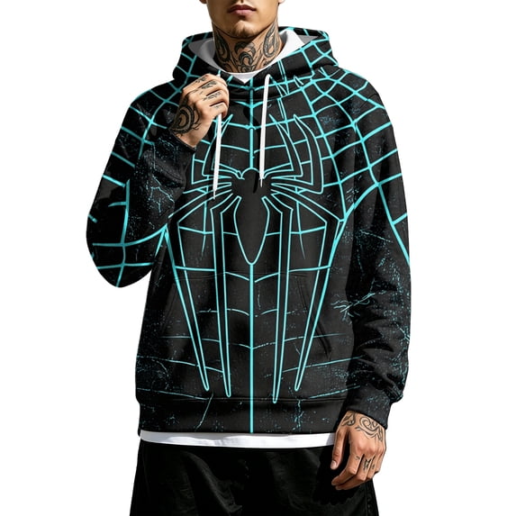 Spider Hero Pullover Hoodie, Distressed Graphic Printed Drawstring Kangaroo Pocket Sweatshirt for Men Halloween Cosplay