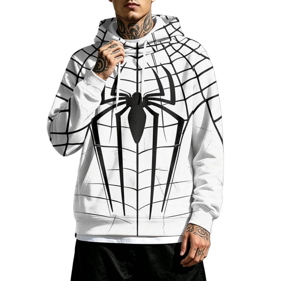 Spider Hero Pullover Hoodie, Distressed Graphic Printed Drawstring Kangaroo Pocket Sweatshirt for Men Halloween Cosplay
