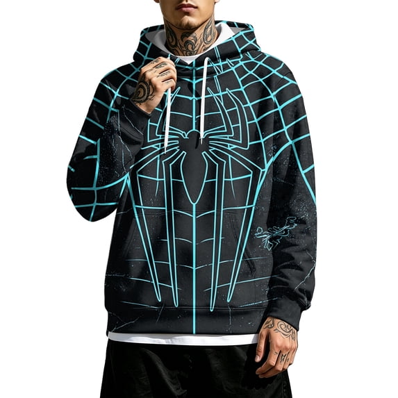 Spider Hero Pullover Hoodie, Distressed Graphic Printed Drawstring Kangaroo Pocket Sweatshirt for Men Halloween Cosplay