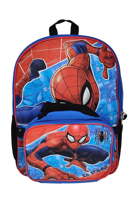 Spider-Man Backpack 16" & Insulated Lunch Bag Detachable 2-Pcs Marvel Boys Blue