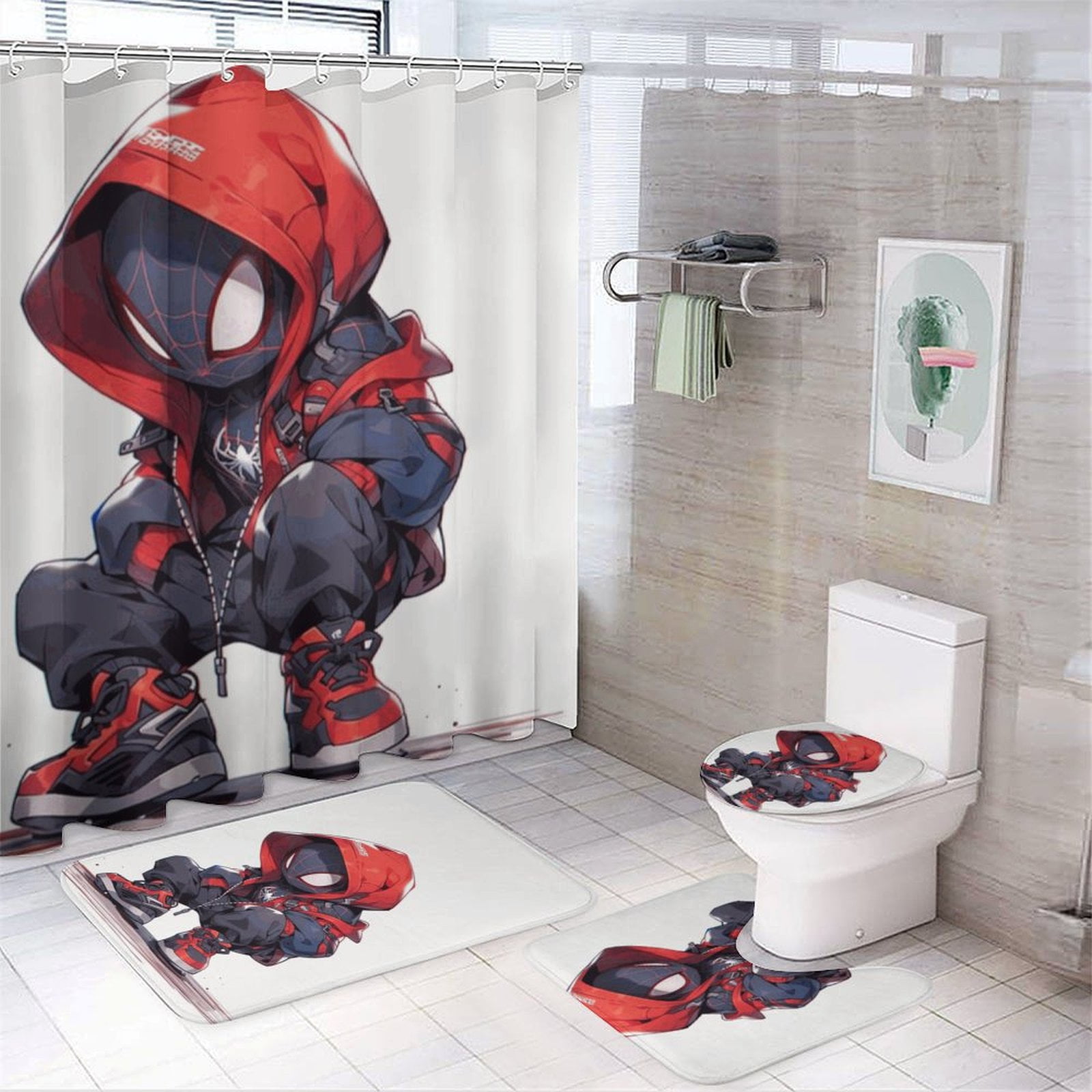 Spider Man Bathroom Set 4-Piece (Shower Curtain, U-Shaped Mat, Bath Mat ...