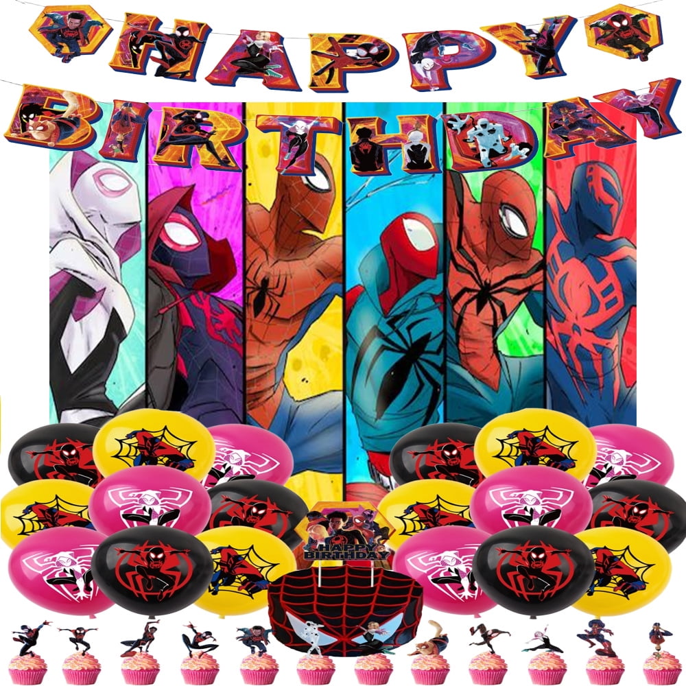 Spider-Man Birthday Decoration - Superhero Themed Party Supplies Set includes Cupcake Toppers, Cake Topper, Happy Birthday Banner, Balloons, Background