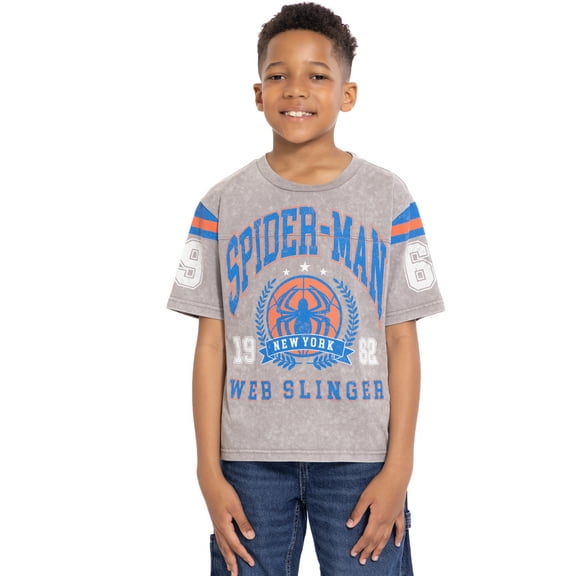 Spider-Man Boys Mineral Washed Graphic Football Tee with Short Sleeves, Sizes 4-18