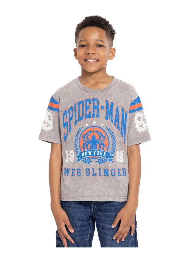 Spider-Man Boys Mineral Washed Graphic Football Tee with Short Sleeves, Sizes 4-18