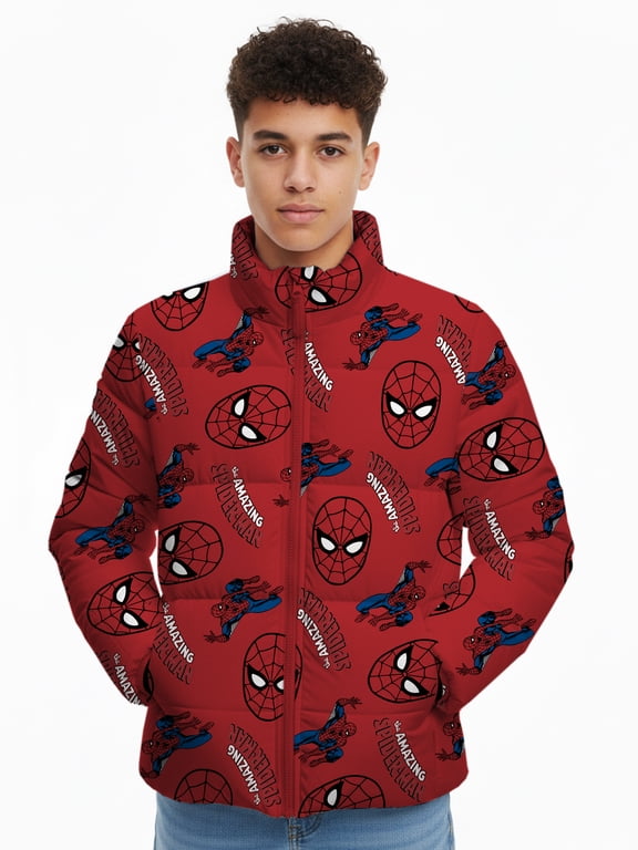 Spider-Man Little and Big Boys Graphic Zip Puffer Jacket, Lightweight, Sizes 4-12