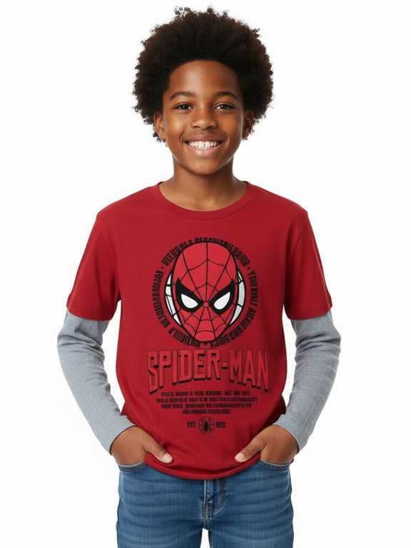 Spider-Man, Boys' Graphic Waffle Knit Long Sleeve 2Fer, Sizes 4-18