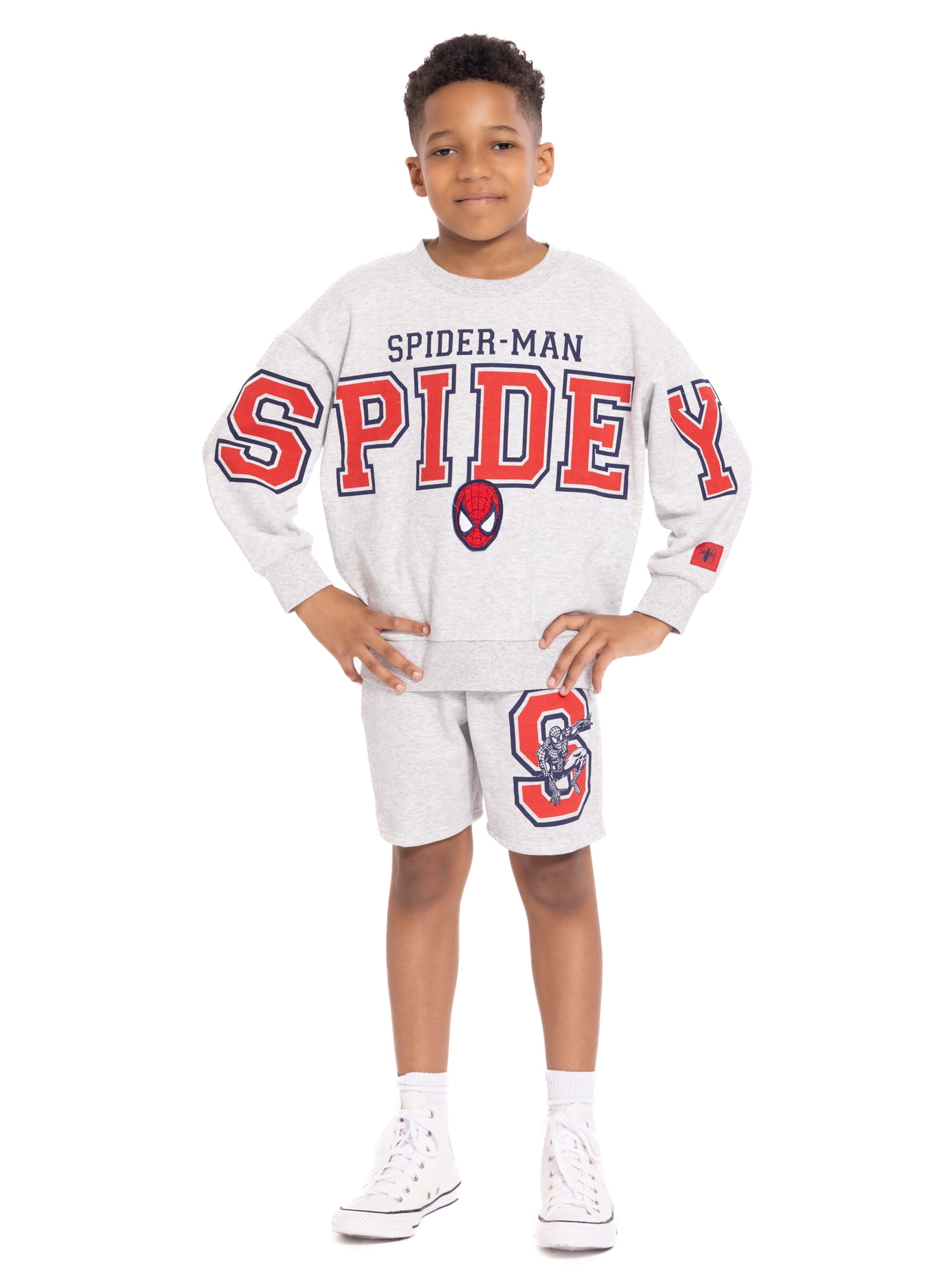 Spider-Man Boys Long Sleeve Graphic Crewneck Sweatshirt with Matching Short, 2-Piece Set, Sizes 4-12