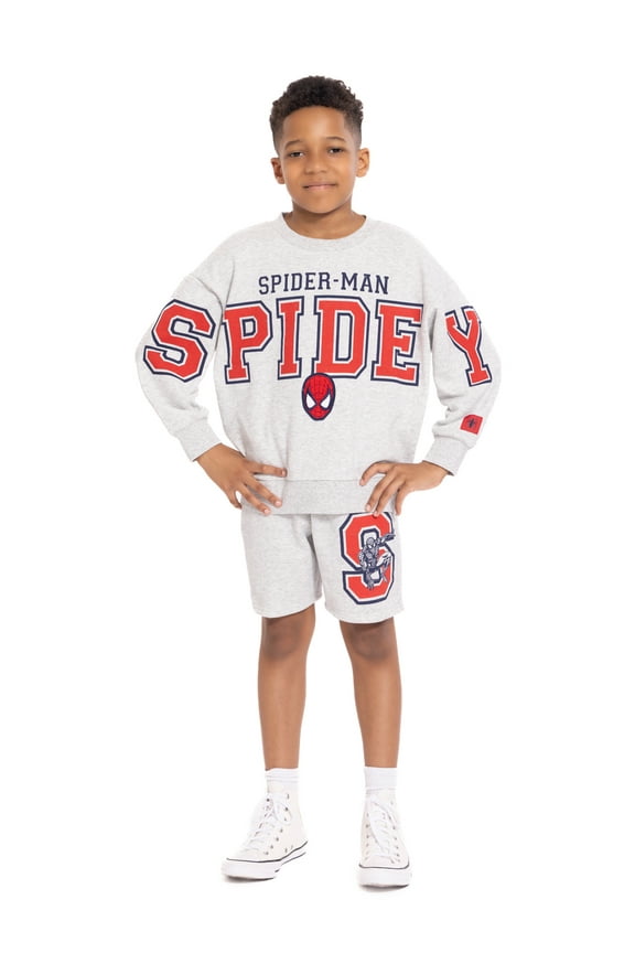 Spider-Man Boys Long Sleeve Graphic Crewneck Sweatshirt with Matching Short, 2-Piece Set, Sizes 4-12