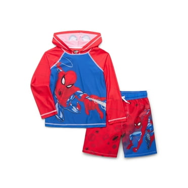 Spider-Man Boys Long Sleeve Hooded Rash Guard and Swim Trunks Set, 2-Piece, Sizes 4-7