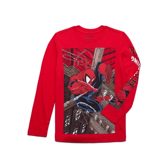 Spider-Man Boys Oversized Spidey Graphic Crewneck Tee with Long Sleeves, Sizes XS-2X