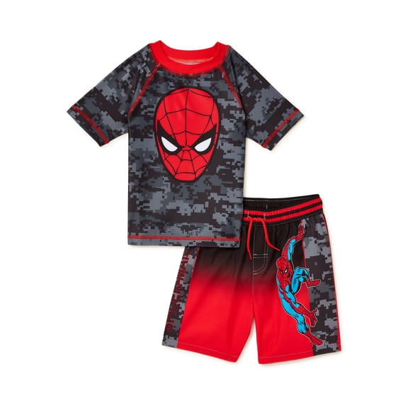 Spider-Man Boys Short Sleeve Rash Guard and Trunks Swim Set, 2-Piece, Sizes 4-7