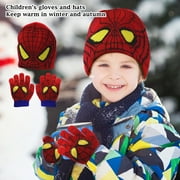 GOMIND Spider Man Children's Gloves Autumn/Winter Trendy Treasure Knitted Yarn Children's Velvet Hat Gloves Two Piece Set Winter Hat and Gloves Set for Boys and Girls