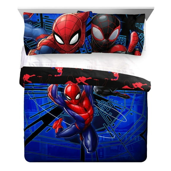 Spider-Man Classic Techno City 3-Piece 86" x 86" Reversible Queen Comforter and 20" x 30" Pillowcase Set, Polyester, Blue, Marvel