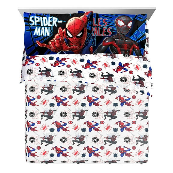 Spider-Man Classic Techno City 4-Piece Queen Sheet Set, Polyester, Blue and Red, Marvel