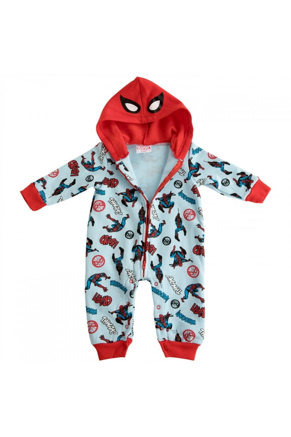 Baby Boys Bodysuit One Piece - Long-Sleeve Hooded Fleece Jumpsuit - Newborn Boy Clothes Blue/Red, 6-9 Months